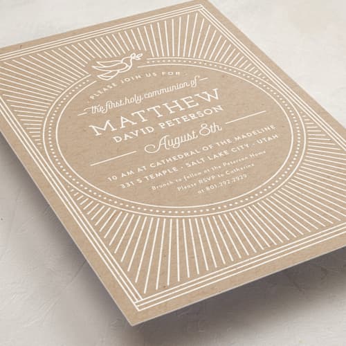 This is a natural communion invitations announcements with standard by Robert and Stella called like a dove printing on signature in standard