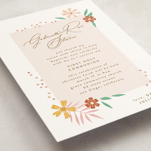 This is a peach communion invitations announcements with standard by Phrosné Barwood called blooms printing on signature in standard