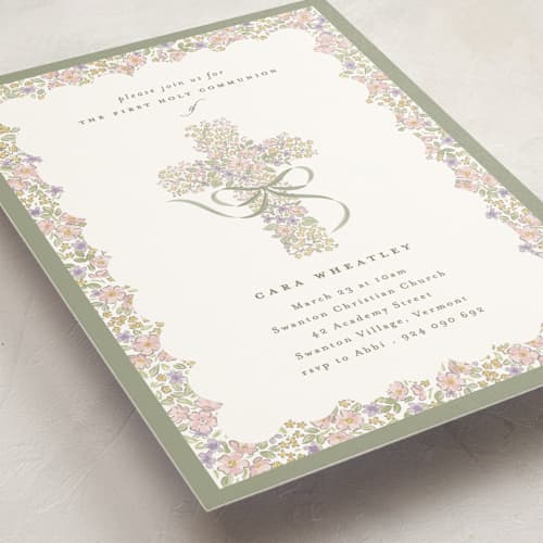 This is a sage communion invitations announcements with standard by Corinne Malesic called cottage garden printing on signature in standard