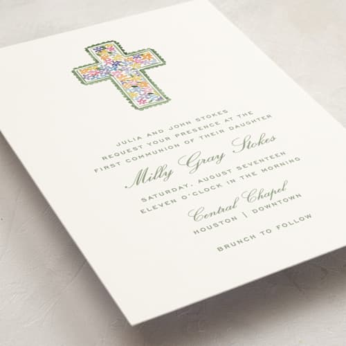 This is a marsh communion invitations announcements with standard by Pati Cascino called scalloped cross printing on signature in standard