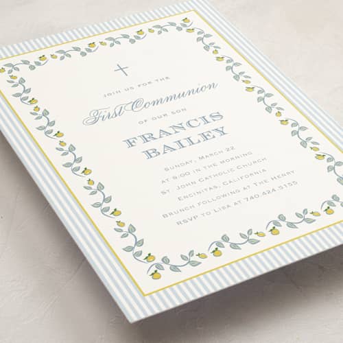 This is a sky communion invitations announcements with standard by Carolyn MacLaren called lemon stipes printing on signature in standard