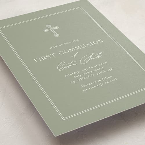 This is a sage communion invitations announcements with standard by Sarah Hawkins Designs called ornate cross printing on signature in standard
