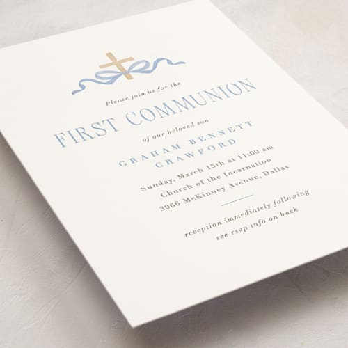 This is a celestial communion invitations announcements with standard by Olivia Raufman called ribbon and cross printing on signature in standard