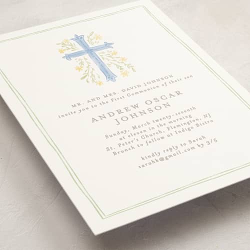 This is a blue jay communion invitations announcements with standard by Creo Study called botanical cross printing on signature in standard