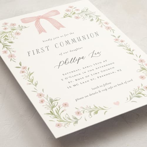 This is a blush communion invitations announcements with standard by Paper Raven Co. called dainty garden printing on signature in standard