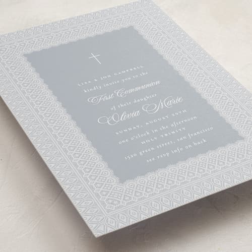 This is a powder communion invitations announcements with standard by Simona Camp called framed in lace printing on signature in standard