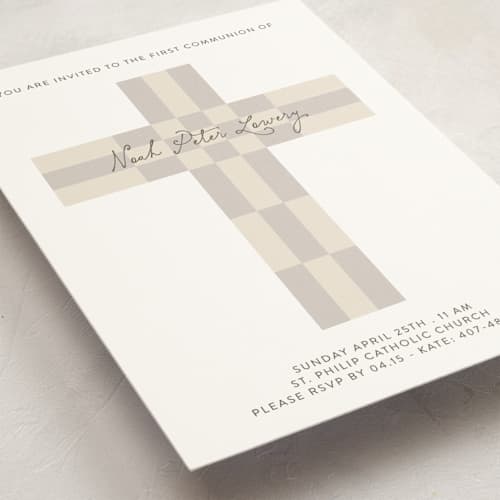 This is a cobblestone communion invitations announcements with standard by Gwen Bedat called geo cross printing on signature in standard