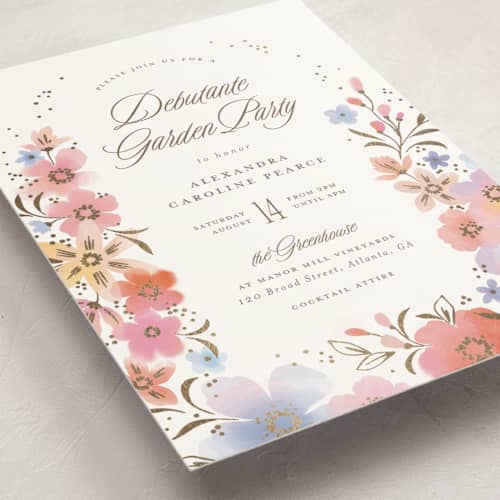 This is a wildflower debutante party invitations with foil pressed by Paper Raven Co. called magic garden printing on signature in standard