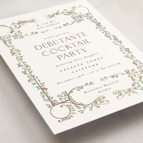 This is a snow debutante party invitations with foil pressed by Gwen Bedat called sapin printing on signature in standard