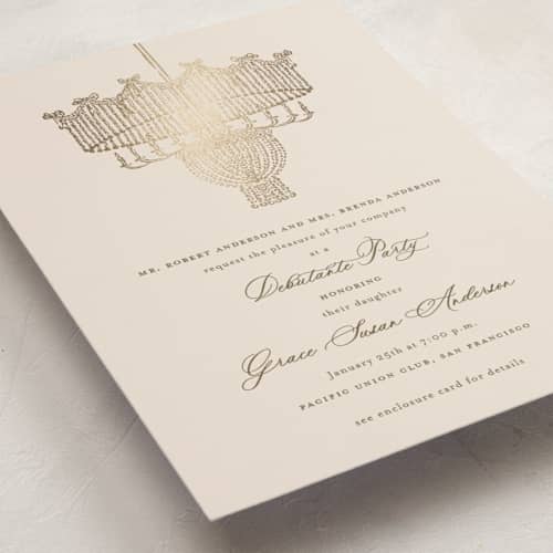 This is a sand debutante party invitations with foil pressed by Claudia Orengo called chandelier printing on signature in standard