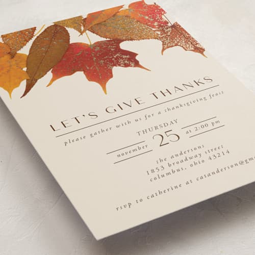 This is a spice holiday party invitations with foil pressed by Heather Schertzer called gilded autumn leaves printing on signature in standard