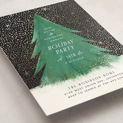 This is a night sky holiday party invitations with foil pressed by Julie Murray called snowfall printing on signature in standard