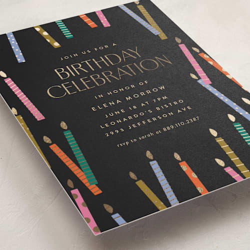 This is a midnight holiday party invitations with foil pressed by Ellen Schlegelmilch called scattered candles printing on signature in standard