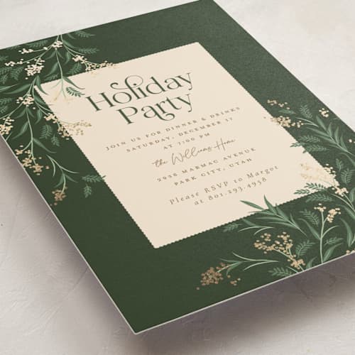 This is a pine holiday party invitations with foil pressed by Robert and Stella called draped garland printing on signature in standard