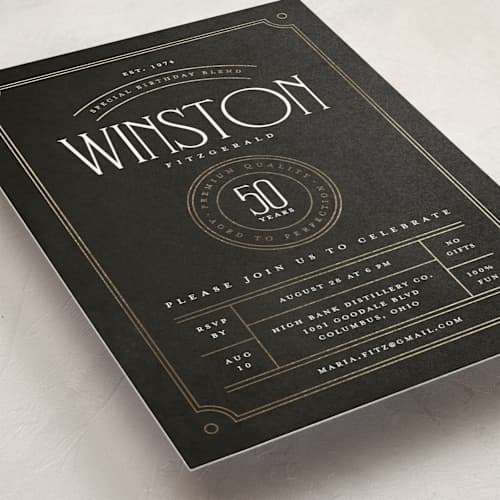 This is a charcoal holiday party invitations with foil pressed by Heather Schertzer called aged to perfection printing on signature in standard