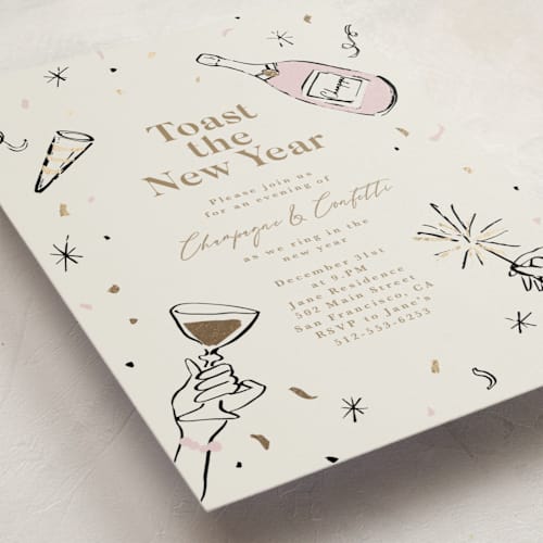 This is a champagne holiday party invitations with foil pressed by Cass Loh called champagne and confetti printing on signature in standard