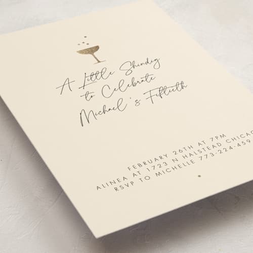 This is a champagne holiday party invitations with foil pressed by mo kelley called a little shindig printing on signature in standard