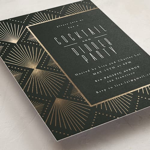 This is a onyx holiday party invitations with foil pressed by Ana de Sousa called deco pattern printing on signature in standard