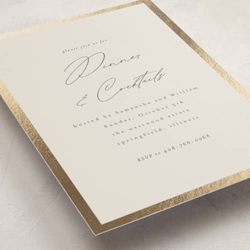 This is a sand holiday party invitations with foil pressed by Nicole Walsh called surround printing on signature in standard
