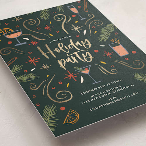 This is a forest holiday party invitations with foil pressed by Marie Bloch-Laine called holiday party printing on signature in standard