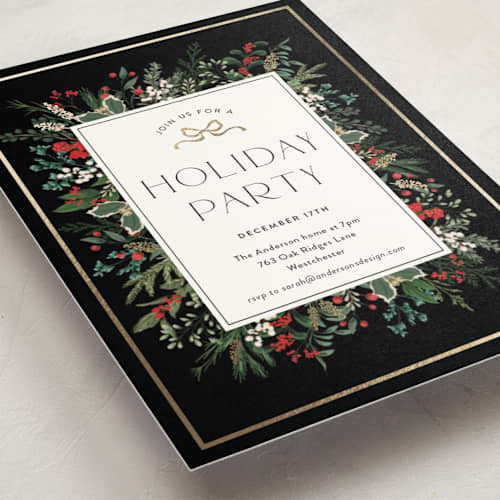 This is a ebony holiday party invitations with foil pressed by Susan Moyal called holiday bash printing on signature in standard