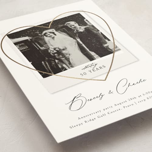 This is a pearl holiday party invitations with foil pressed by Stephanie Hawkes called vintage photo anniversary printing on signature in standard