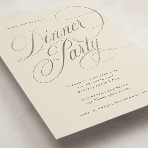 This is a vanilla holiday party invitations with foil pressed by Spinsugar called fancy feast printing on signature in standard