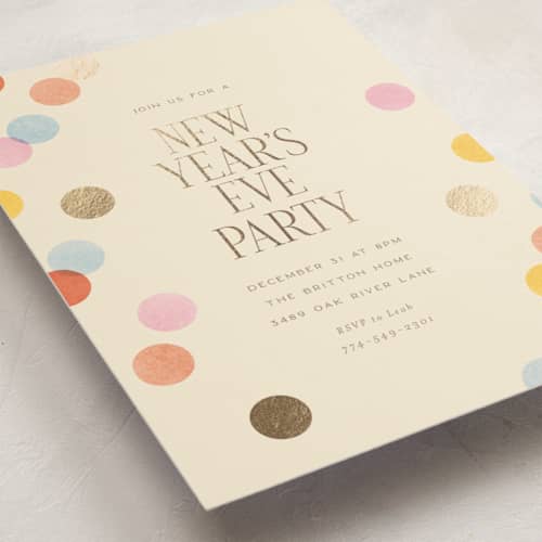 This is a coral holiday party invitations with foil pressed by Ellen Schlegelmilch called confetti dots printing on signature in standard