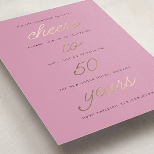 This is a lilac holiday party invitations with foil pressed by Louise Kay called cheers celebration printing on signature in standard