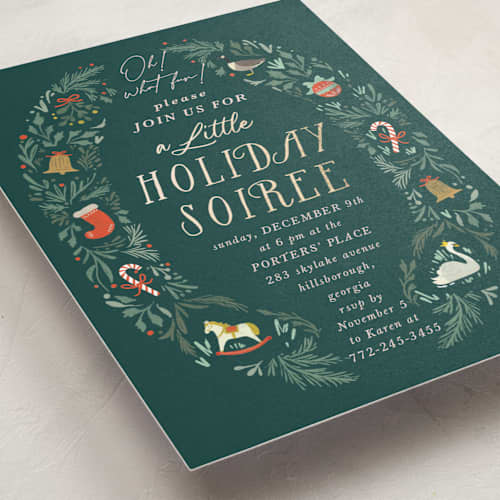 This is a evergreen holiday party invitations with foil pressed by Hannah Williams called vintage bells printing on signature in standard