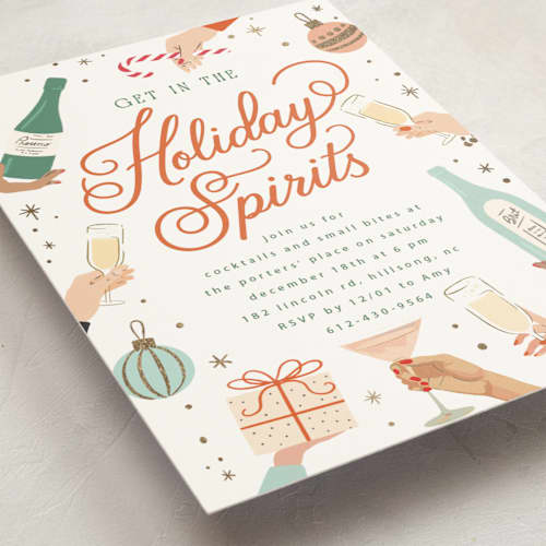 This is a candy cane holiday party invitations with foil pressed by Hannah Williams called holiday spirits printing on signature in standard