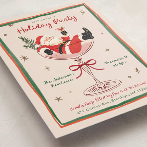 This is a cherry holiday party invitations with foil pressed by Elly called santa party printing on signature in standard