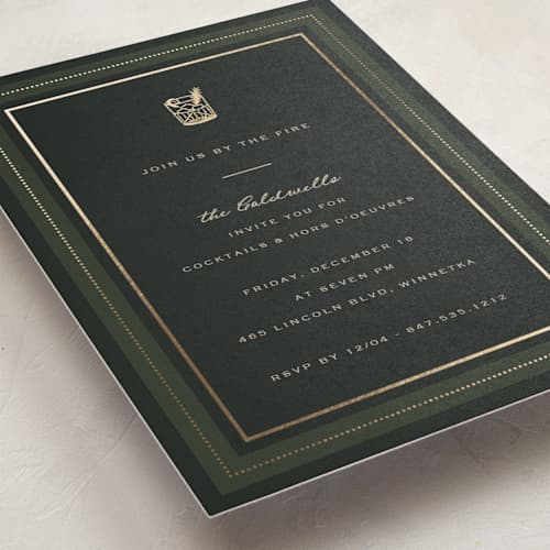 This is a evergreen holiday party invitations with foil pressed by Kristen Juckiewicz called fireside printing on signature in standard