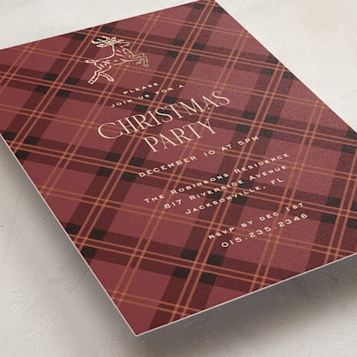 This is a santa holiday party invitations with foil pressed by Claudia Orengo called reindeer printing on signature in standard