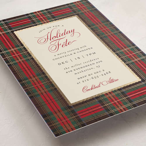 This is a cranberry holiday party invitations with foil pressed by Heather Schertzer called holiday fete printing on signature in standard