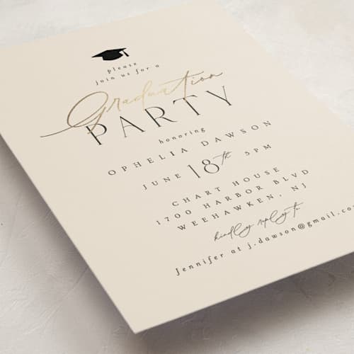 This is a cream graduation invitations with foil pressed by Ana Sharpe called a grad party printing on signature in standard