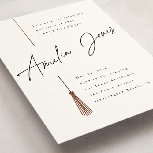 This is a pearl graduation invitations with foil pressed by Owl and Toad called written out printing on signature in standard