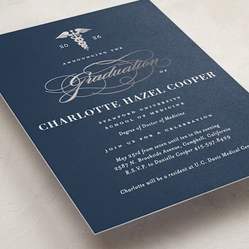This is a navy graduation invitations with foil pressed by Jill Means called medical degree printing on signature in standard