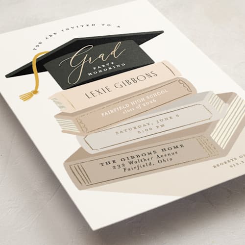 This is a ash graduation invitations with foil pressed by Susan Zinader called book stack printing on signature in standard
