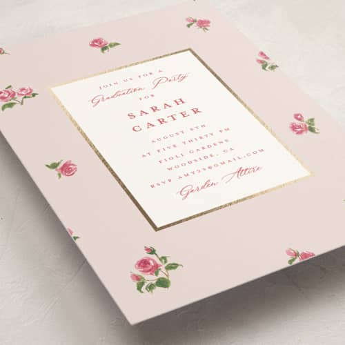 This is a blush graduation invitations with foil pressed by Teju Reval called romantic roses printing on signature in standard