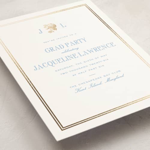This is a sky blue graduation invitations with foil pressed by Megan Davis called chesapeake printing on signature in standard