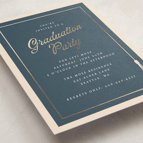 This is a navy graduation invitations with foil pressed by AK Graphics called tasseled printing on signature in standard