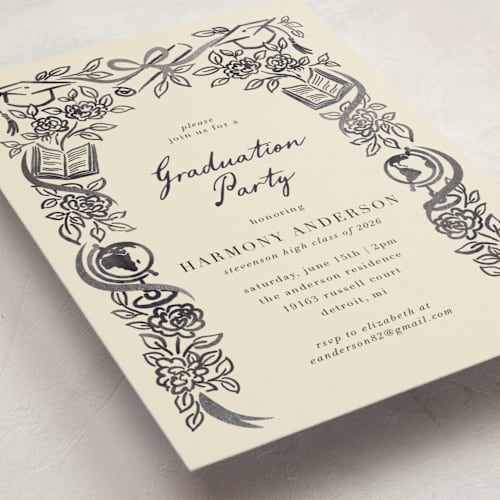 This is a ink graduation invitations with foil pressed by Jamie Alexander called future in bloom printing on signature in standard