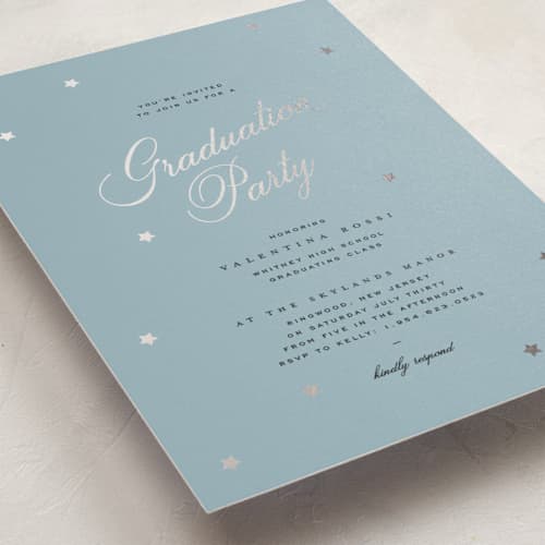 This is a sky graduation invitations with foil pressed by Blustery August called sparkly printing on signature in standard