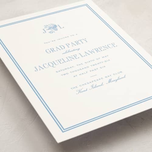 This is a sky blue graduation invitations with standard by Megan Davis called chesapeake printing on signature in standard