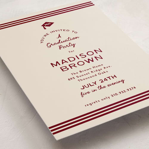 This is a maroon graduation invitations with standard by Owl and Toad called little cap printing on signature in standard