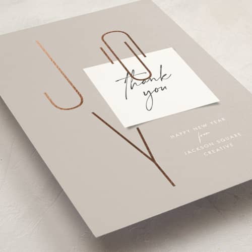 This is a tinsel business holiday cards with foil pressed by Amy Payne called joy note printing on signature in standard