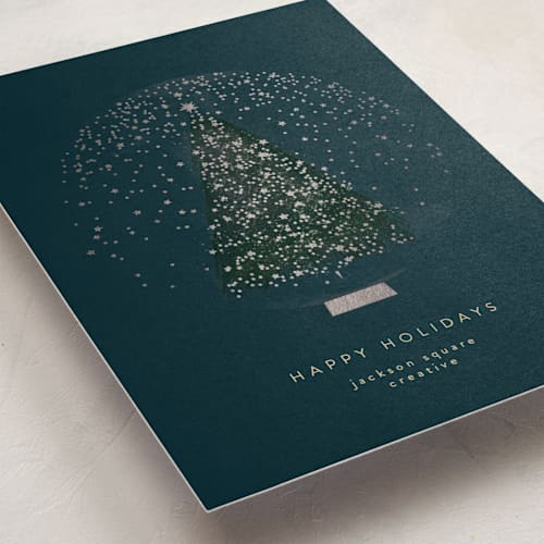 This is a navy business holiday cards with foil pressed by Lori Wemple called christmas snowglobe printing on signature in standard