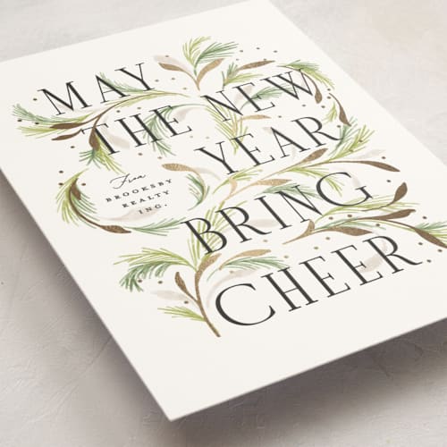 This is a greenery business holiday cards with foil pressed by Erin L. Wilson called flora printing on signature in standard