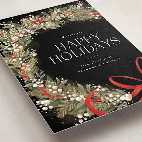 This is a coal business holiday cards with foil pressed by Jackie Crawford called festive side ribbon wreath printing on signature in standard